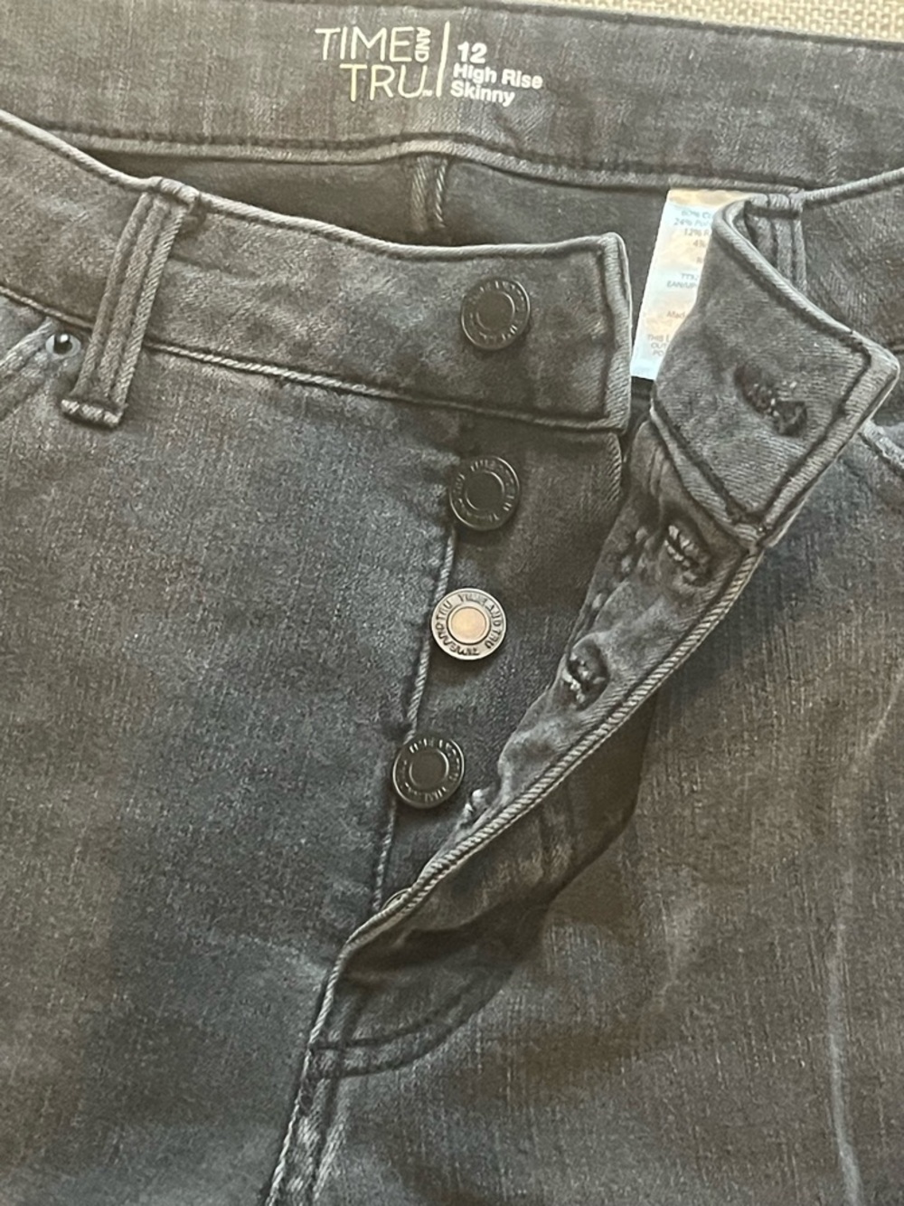 Time and Tru Black High-Rise Button-Fly Distressed Skinny Jeans - Picture 3 of 5